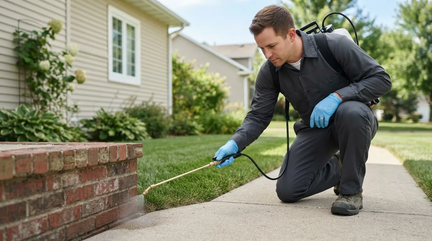 Pest control technician treating a home near Kennard, TX